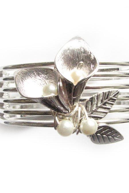 Bangle Wire Wrapped Calla Lily Bracelet Silver Plated Pearl Leaf Charm Jewelry