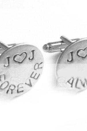 Love Forever Cufflinks Initial Heart Hand Stamped Men Cuff links Wedding personalized keepsake Gift for him aluminum or brass or copper