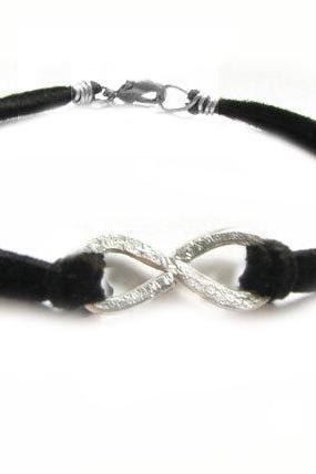 Silver Infinity Bracelet Unisex Wire Wrapped Black Leather Suede Hammered Jewelry Wear Two Side