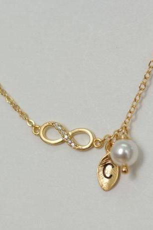 Gold Infinity Bracelet,Initial Bracelet, Tiny Gold Infinity, Personalized Bracelet, Friendship Bracelet, Bridesmaid Gift, Swarovski Pearl