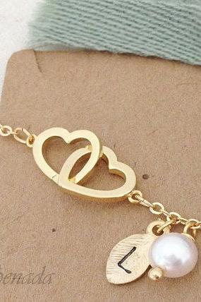 Double Heart Bracelet in Gold with Initial Charm and Pearl , everyday jewelry, delicate minimal jewelry