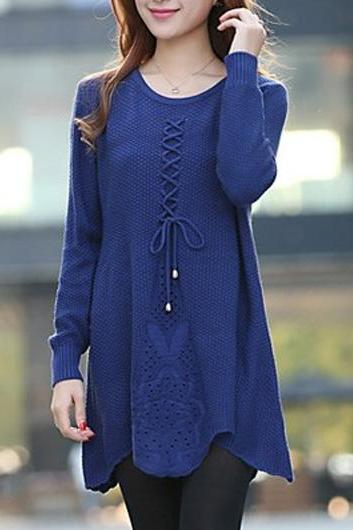Cute Long Sleeve Round Neck Woman Sweater - Dark Blue