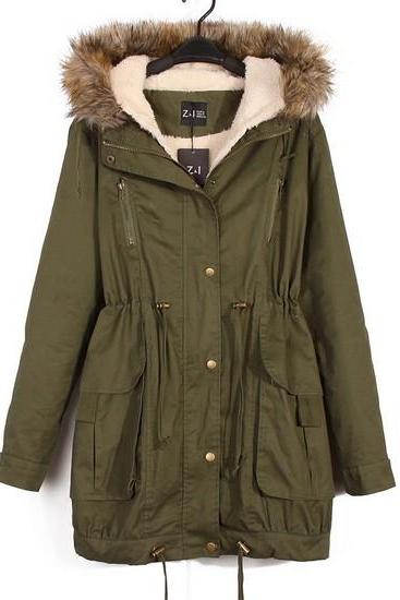 Army Green Button Down Parka Featuring Faux Fur Hoodie and Lining