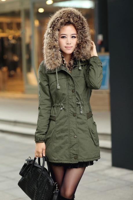 Green Womens Winter Coats Faux Fur Lining Parka With Fur Hood