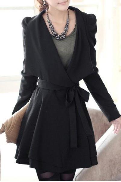 Stylish Turn-Down Neck Long Puff Sleeve Solid Color Lace-Up Trench Coat For Women