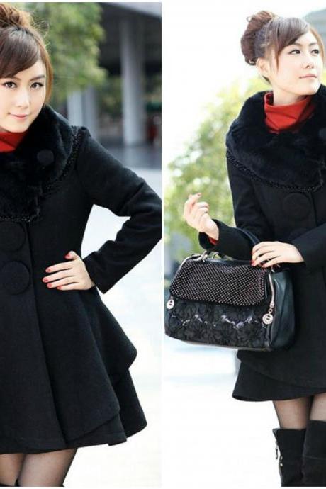 Solid Black Faux Rabbit Hair Collar Long Coat