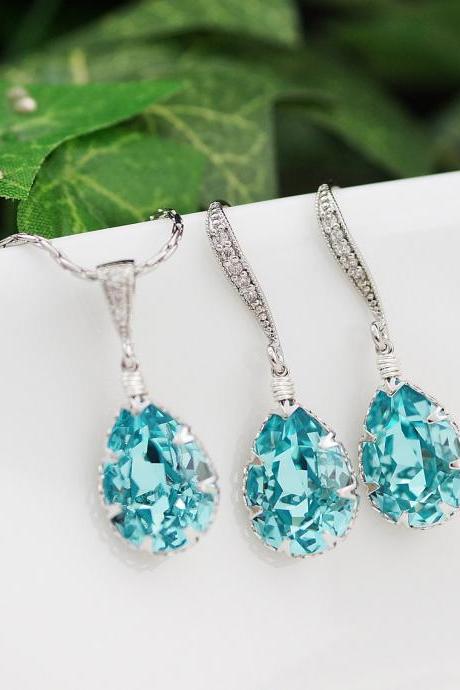 Wedding Jewelry Bridesmaid Gifts Bridesmaid Earrings Bridesmaid Necklace Light Turquoise Swarovski Crystal Tear drops Bridal Jewelry set