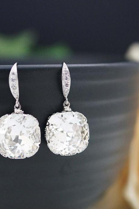 Wedding Jewelry Bridal Earrings Bridesmaid Earrings Dangle Earrings Clear White Swarovski Crystal Square drop Earrings