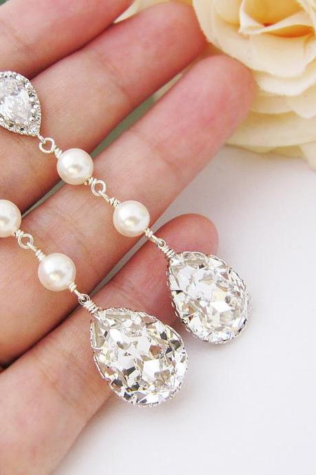 Wedding Bridal Jewelry Bridal Earrings Bridesmaid Earrings Cubic Zirconia Earrings With Clear White Swarovski Crystal And Pearls Tear Drops