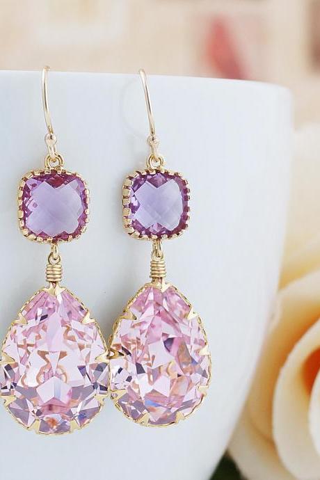 Rosaline Pink Swarovski Crystal GOLD FILLED Earrings - Dangle Earrings Pastel Earrings Weddings Bridesmaid Jewelry Bridesmaid Gift