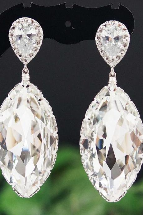Matte Rodium plated Cubic zirconia ear posts with Clear White Swarovski Crystal Navette drops Bridal Earrings