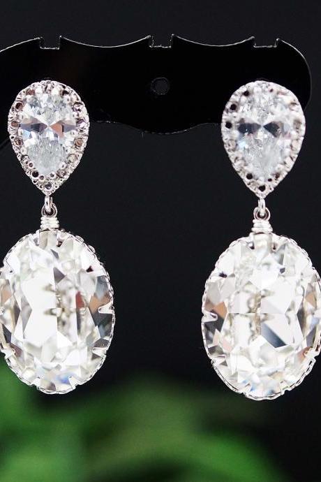 Wedding Jewelry Bridal Earrings Bridesmaid earrings Cubic zirconia ear posts with Clear White Swarovski Crystal Oval drops