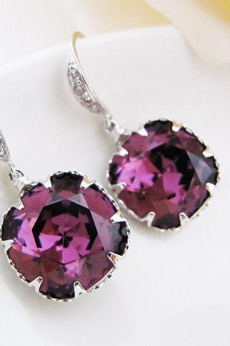 Rodium Plated Over Sterling Silver Ear Hooks With Amethyst Swarovski Crystal Square Drops Bridal Earrings