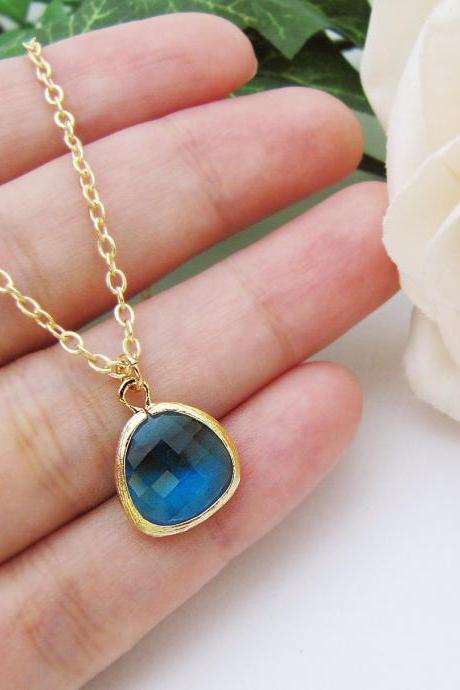 Sweet simple - Capri Blue glass drop with matte gold trimmed Necklace - Bridal Bridesmaid Gifts