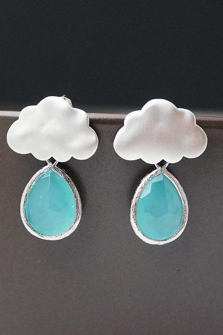 Rain Drops and Cloud Earrings - Matte silver finish Rain Cloud Ear posts and Sea Foam Mint Opal glass tear drops . For Her. Gift for Her