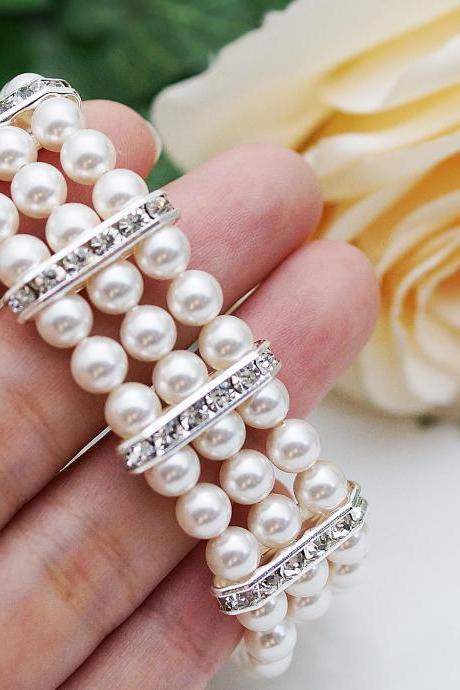 Wedding Jewelry Bridal Bracelet Bridesmaid Bracelet 3 strands of Crystal White Swarovski Pearls with rhinestone Spacers Bracelet