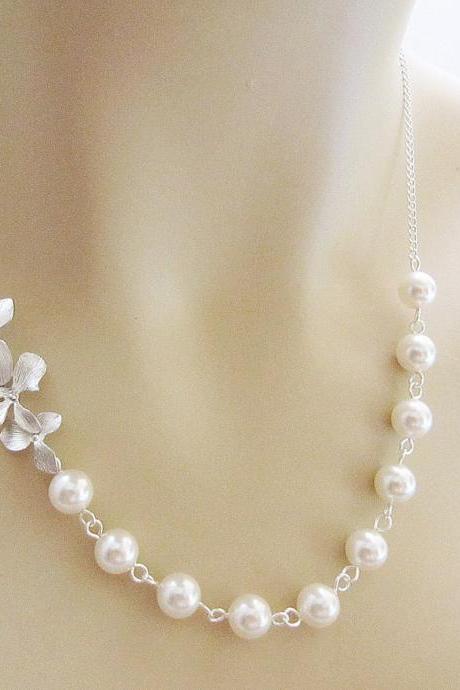 Wedding Jewelry Bridal Necklace Bridesmaid Necklace Matte rodium finish Orchid Trio Flower charm and Crystal White Swarovski Pearls