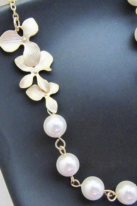 Wedding Bridal Jewelry Bridesmaid Jewelry Matte Gold Finish Orchid Trio Flower Charm And Crystal White Swarovski Pearls Bridal Necklace
