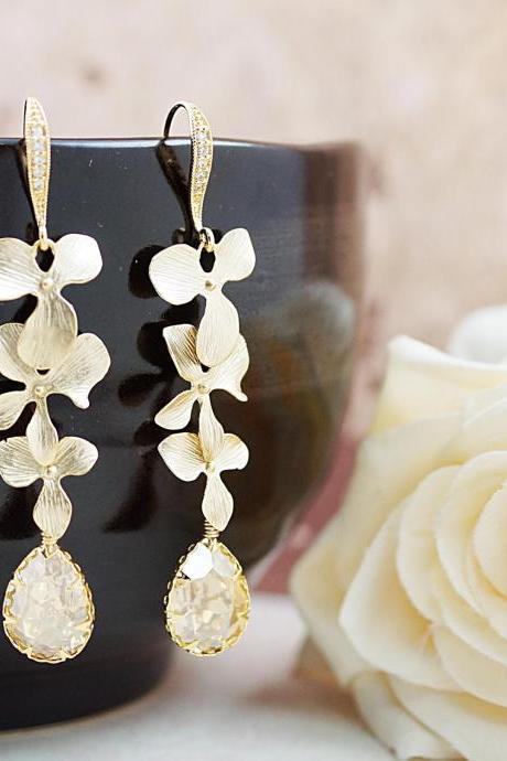 Wedding Jewelry Bridesmaid Earrings Dangle Earrings Gold plated Orchid Trio charm with Golden Shadow Swarovski Crystal drop Earrings