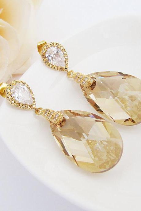 Bridal Earrings Gold Plated Cubic Zirconia Ear Posts With (huge) Golden Shadow Swarovski Crystal Drops