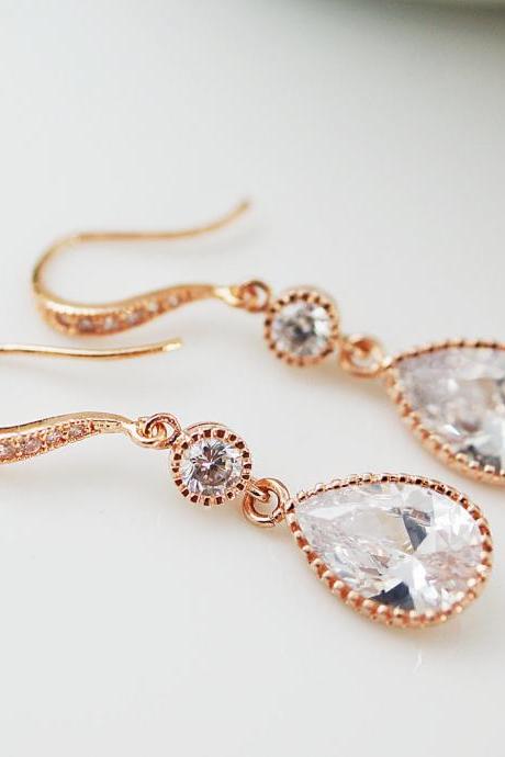 Wedding Jewelry Bridesmaids Gift Bridal Earrings Bridesmaid Earrings Rose Gold cz connectors with cubic zirconia Crystal tear drop Earrings