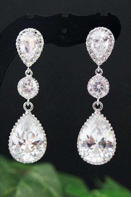 Wedding Bridal Jewelry Bridal Earrings Dangle Earrings cubic zirconia connectors and clear Large cubic zirconia tear drop Bridesmaid Gift