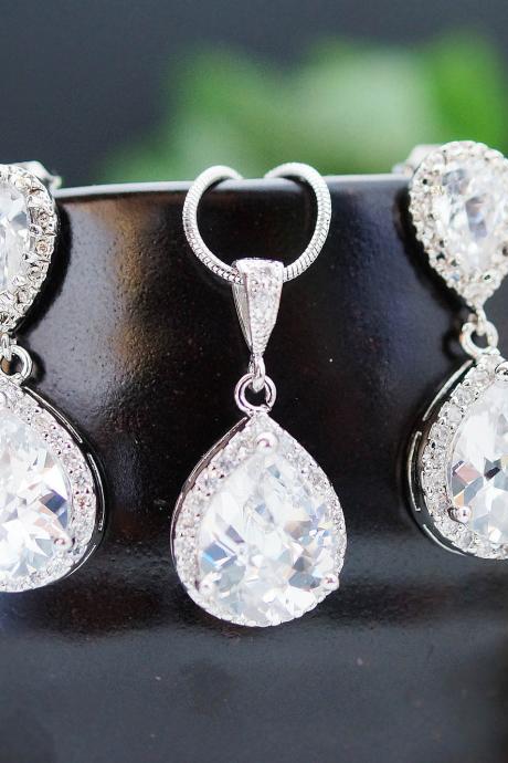 Wedding Jewelry Bridal Jewelry Bridal Earrings Bridal Necklace Clear White LUX Cubic Zirconia Tear drops Jewelry Set