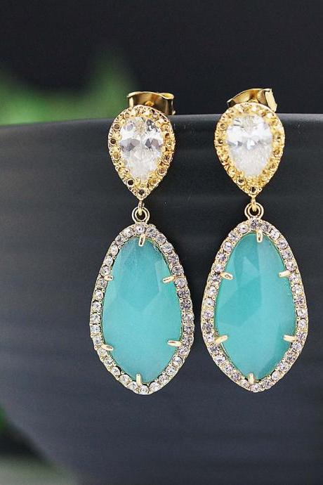 Wedding Jewelry Bridal Earrings Bridesmaid Earrings Dangle Earrings LUX Mint Opal with cubic zirconia drop Earrings