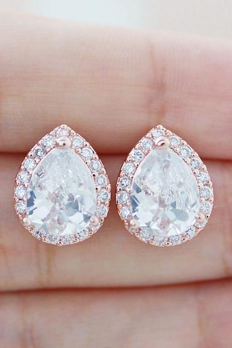 Wedding Jewelry Bridal Jewelry Bridal Earrings Bridesmaid Gift Bridesmaid Jewelry Rose Gold Plated LUX Cubic Zirconia Tear drops Ear Posts