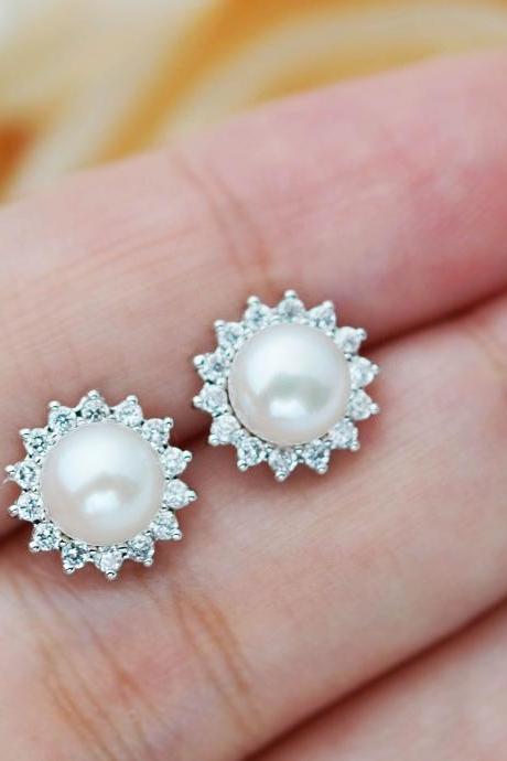 Wedding Jewelry Bridal Earrings Bridesmaid Earrings Cubic zirconia ear posts with white shell based pearl Earrings Pearl Jewelry