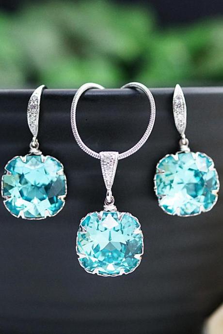 Weddings Bridesmaid gifts Bridesmaid Earrings Light Turquoise Swarovski Crystal Square drops Jewelry Sets dangle earrings