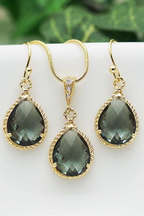 Wedding Jewelry Bridesmaid Jewelry Bridesmaid Earrings Bridesmaid Necklace Black Diamond Glass Gold Trimmed Pear Cut Bridesmaid gift
