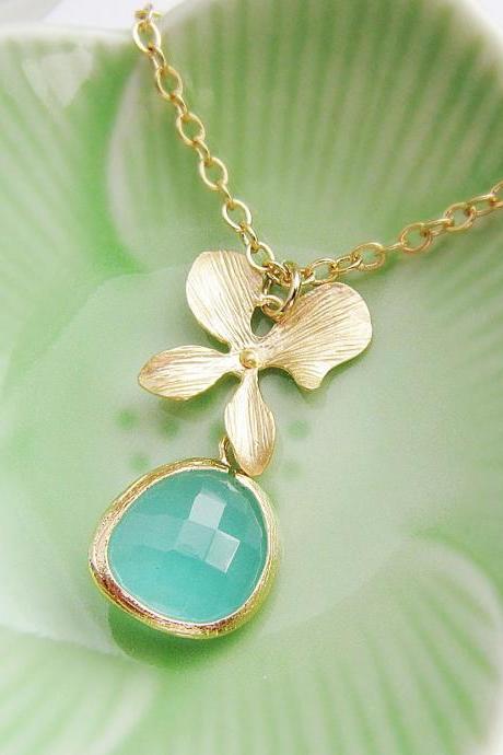 Matte Gold Orchid flower and Sea Foam Glass Drop Necklace