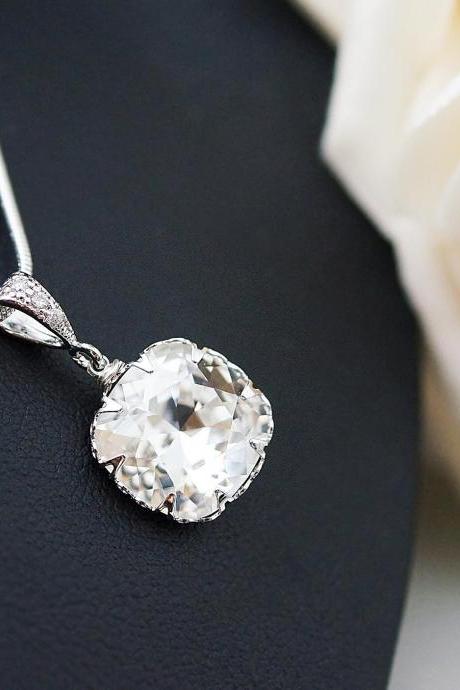 Wedding Jewelry Bridesmaid Jewelry Clear White Swarovski Crystal Square Drops Bridal Necklace Bridesmaid Necklace