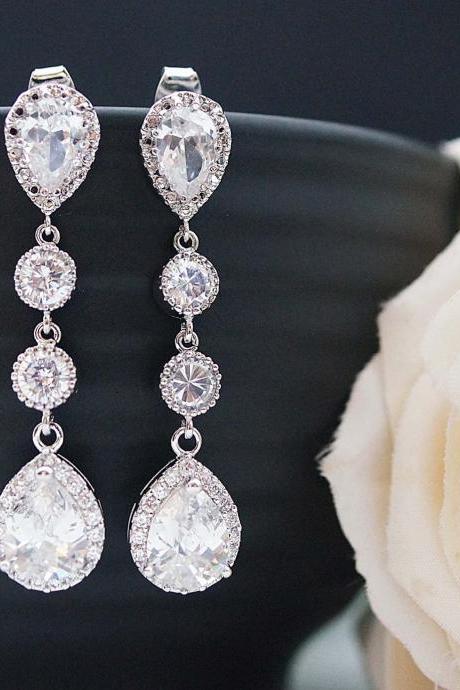 Wedding Bridal Jewelry Bridal Earrings CZ connectors and clear white (LUX) cubic zirconia tear drop dangle Earrings Bridesmaid Jewelry