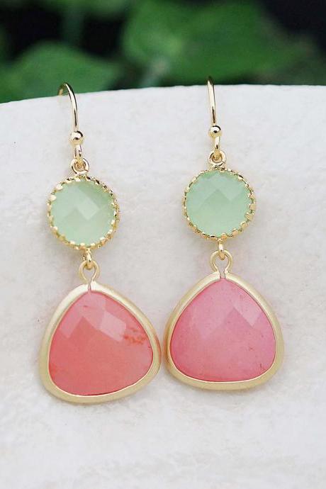 Wedding Jewelry Bridesmaid Earrings Dangle Earrings Gold Framed Baby Pink Jade and light apple green drop Earrings