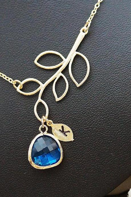 Personalized Necklace Bridesmaid Gift Simple Leaf with Capri Blue Glass Drop and initial leaf charm Necklace , For Her. Gift for Her