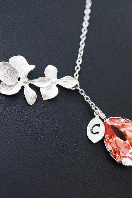 Personalized Necklace Bridesmaid Gift Orchid Trio Flower with Swarovski Tear drop and initial leaf charm Necklace , For Her. Gift for Her