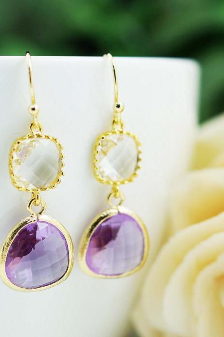Wedding Jewelry Bridesmaid Gift Bridesmaid Earrings Dangle Earrings Gold Framed clear white and Dark Lilac (Purple) glass drop Earrings