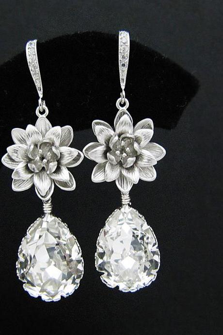 Bridal Earrings Bridesmaid Earrings Matte rodium flower with and Clear White Swarovski Crystal Tear drops