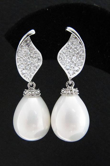 Bridal Earrings Bridesmaid Earrings Rodium plated Cubic zirconia ear posts with white shell based pearl (L) tear drops Bridal Jewelry