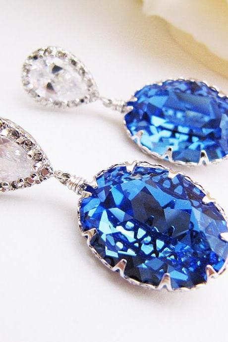 Matte Rodium plated Cubic zirconia ear posts with Sapphire Swarovski Crystal Oval drops Bridal Earrings