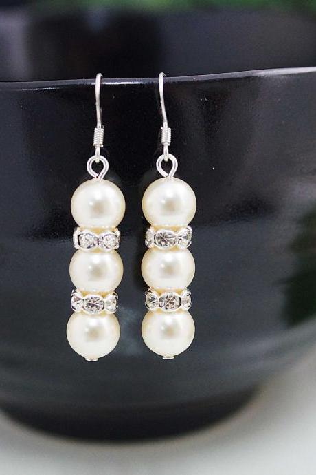 Sweet Crystal white Swarovski Pearls with rhinestone rondelles Bridal Bridesmaid Earrings