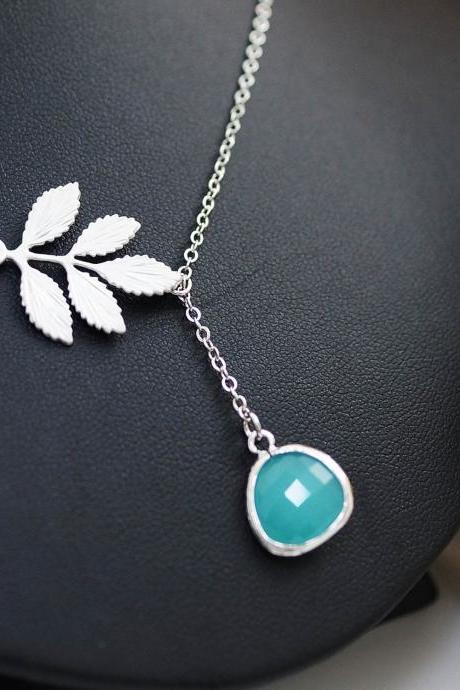Leaf branch and mint glass lariat necklace , bridesmaid gift, wedding jewelry, bridesmaid necklace, christmas gift for her