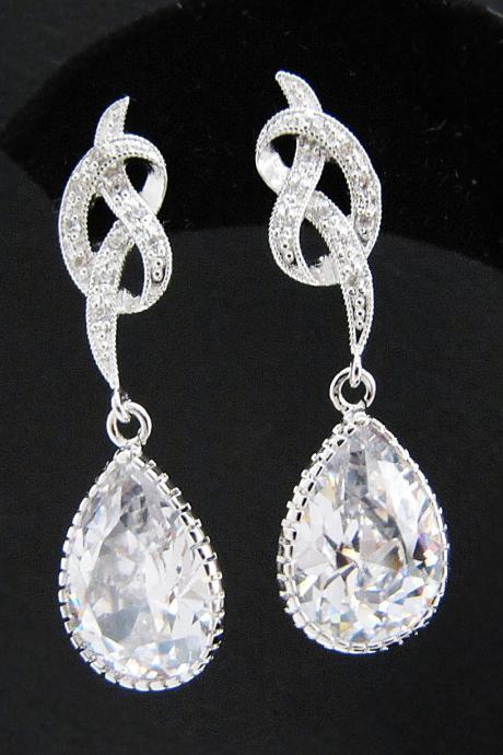 Bridal Earrings Matte Rodium plated Jewel Knot Cubic zirconia ear posts with clear white large cubic zirconia Crystal tear drops