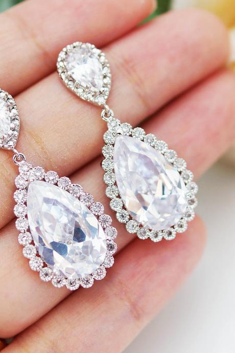Wedding Jewelry Bridal Earrings Bridesmaid Earrings Cubic Zirconia Earrings With Large Cubic Zirconia Tear Drops