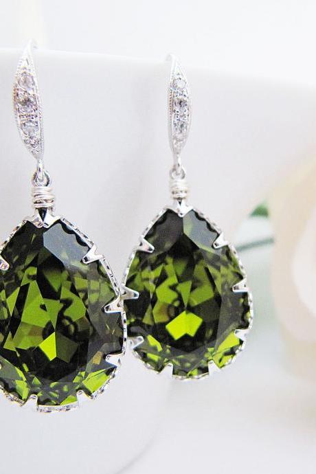 Bridal Earrings Bridesmaid Earrings cubic zirconia ear wires and Olivine Olive color Swarovski Crystal Tear drops