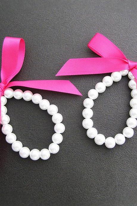 SET of 2 Flower Girl Bracelet Bridesmaid Bracelet Sweet White Glass Pearl and Ribbon - Choose your preferred color
