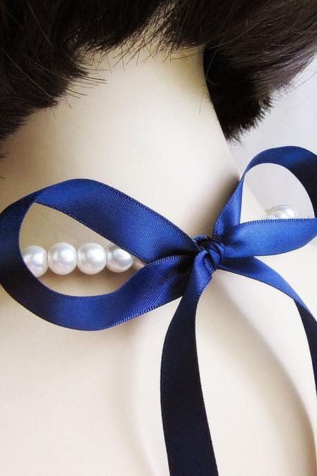 Design Your Own Sweet And Simple Crystal White Pearl And Ribbon Bridal Bridesmaid Necklace -11 Ribbon Colors To Choose