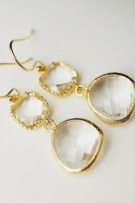 Wedding Jewelry Bridesmaid Earrings Dangle Earrings Gold Framed clear white glass drop Earrings